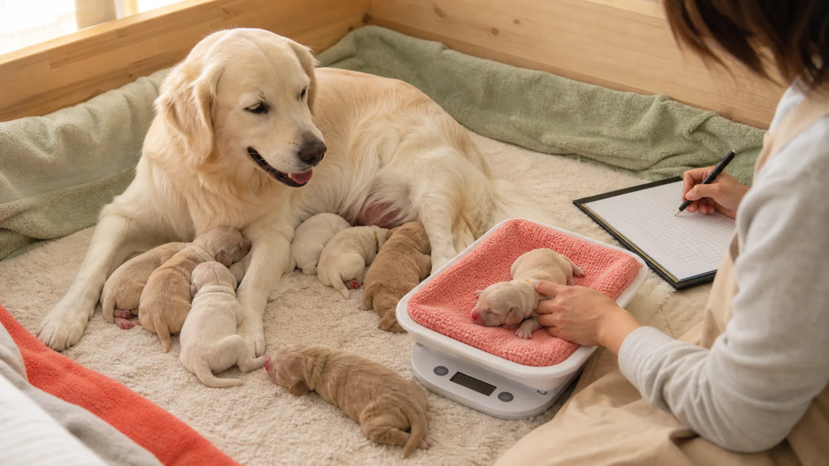 母犬と生まれたばかりの子犬を見守り記録する場面