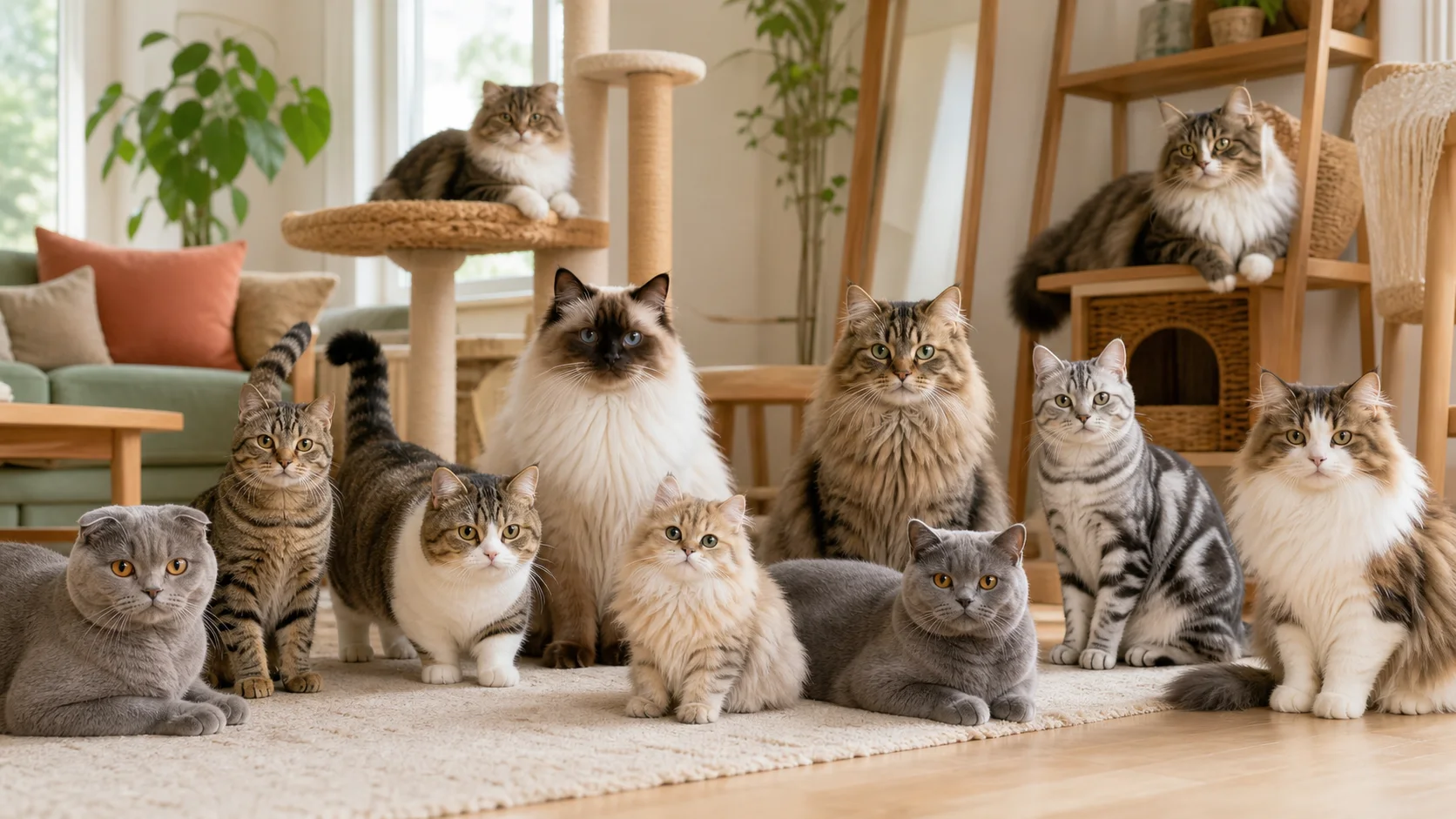 毛色や体格の異なるさまざまな猫たち