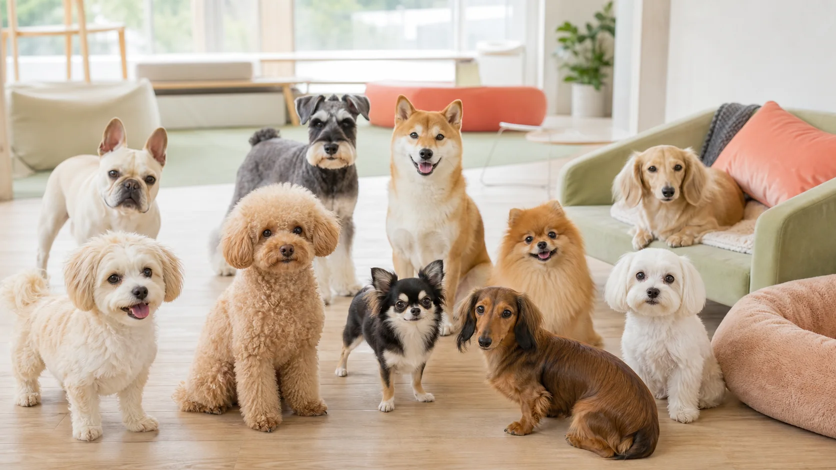 体格や毛色の異なるさまざまな犬たち